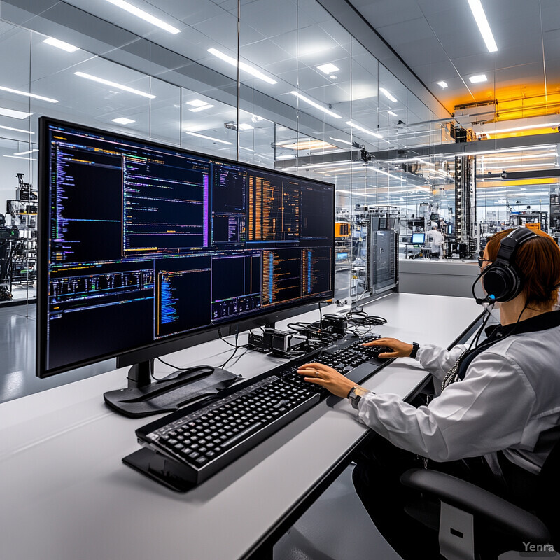 A person sitting at a desk in front of a large computer monitor, likely working on some form of technical project.