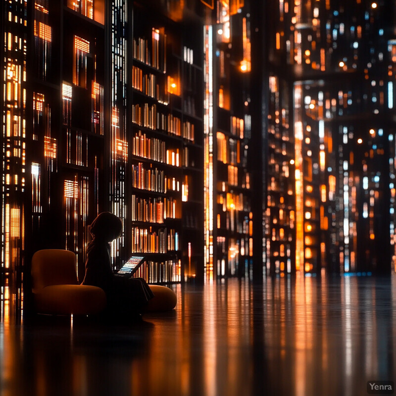 A woman sits in front of a large bookshelf, engrossed in reading on her tablet.