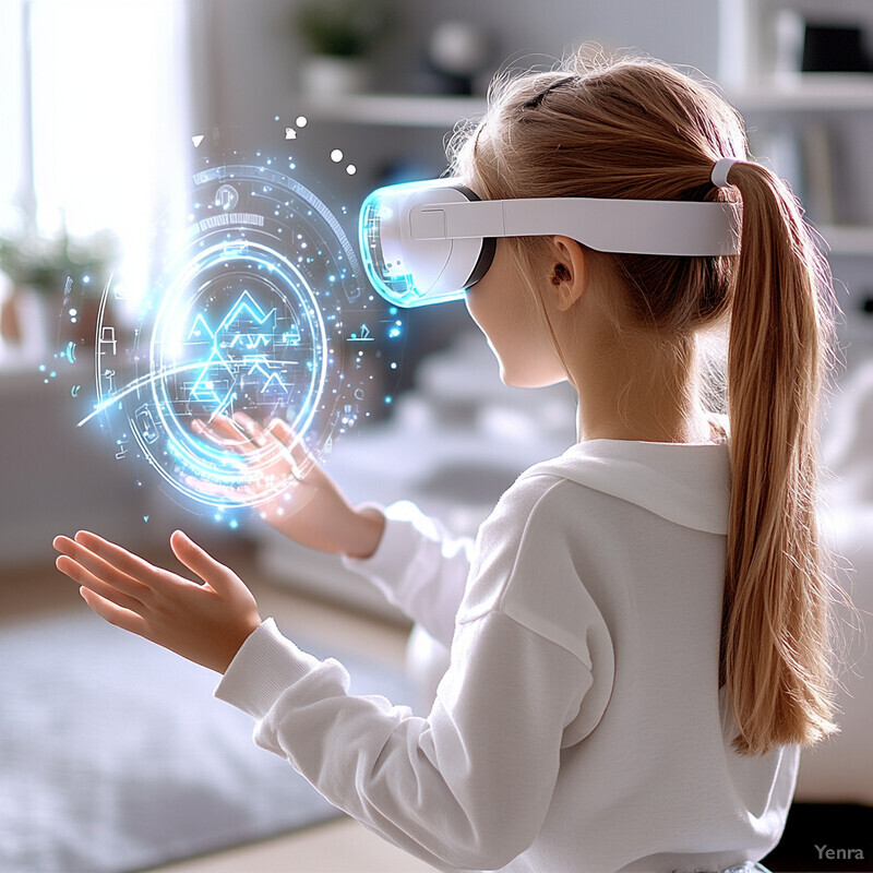 A young girl interacts with an augmented reality interface using virtual reality goggles.