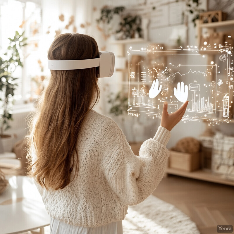 A woman using VR technology to interact with virtual objects in a domestic setting.