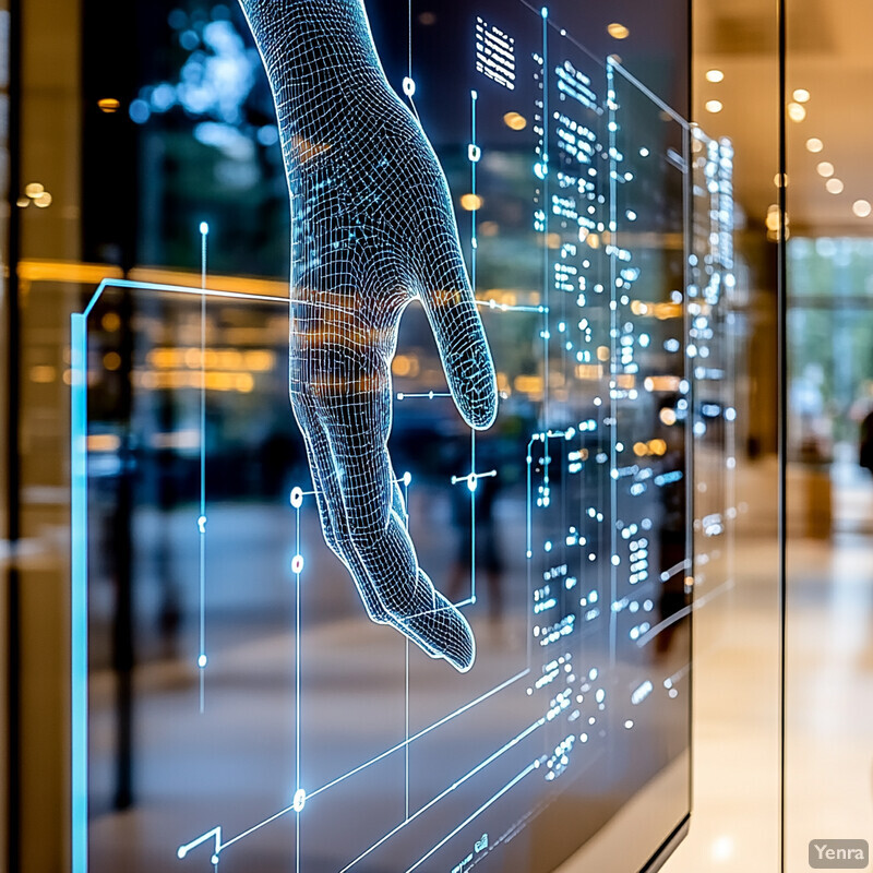 Automated Sign Recognition system in operation, with a large screen displaying a 3D wireframe of a hand hovering over a virtual sign.