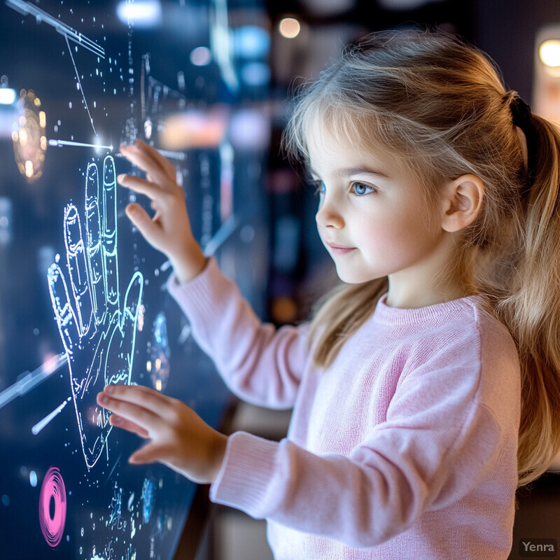 A young girl is interacting with an interactive screen in an indoor setting.