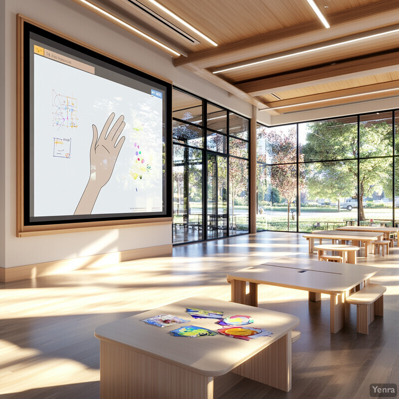 An empty room with a large screen and several small tables, possibly used for educational or creative activities.