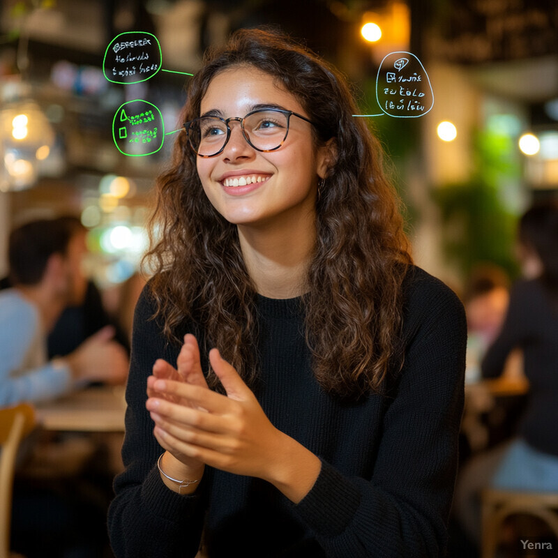 A young woman with long brown hair and glasses smiles while looking to her left in an indoor setting.