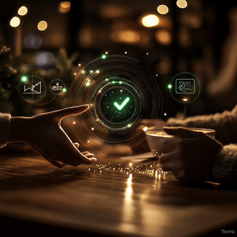 Two people interact with a glowing green checkmark icon in a dimly lit room.