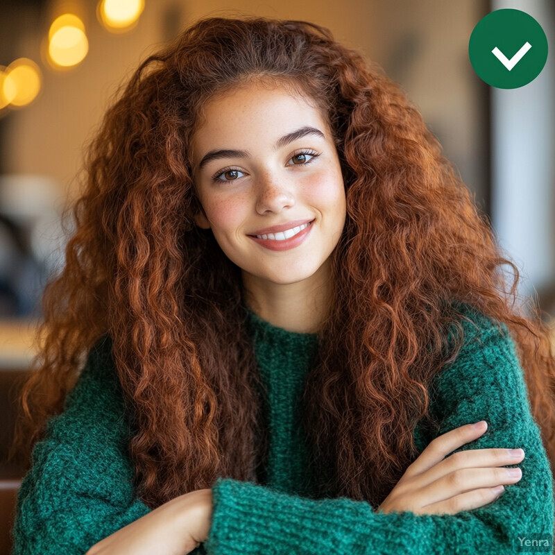 A young woman with red hair and blue eyes smiling at the camera