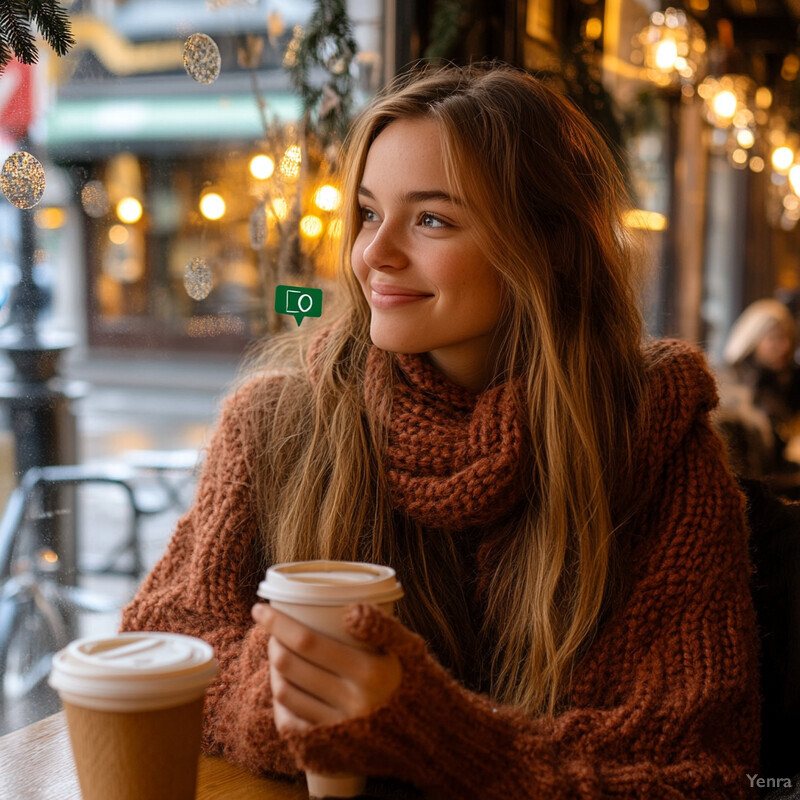 A woman sits at a table in a cozy cafe or restaurant, enjoying drinks and surrounded by warm and inviting atmosphere.