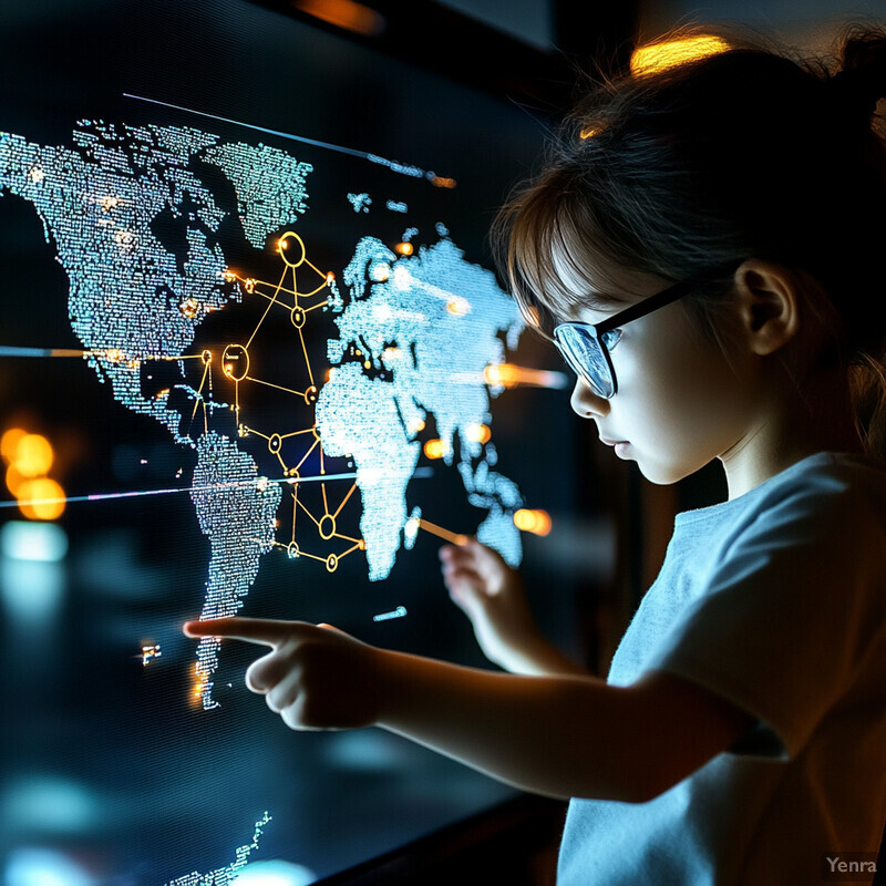 A young girl examines a large screen displaying a world map.