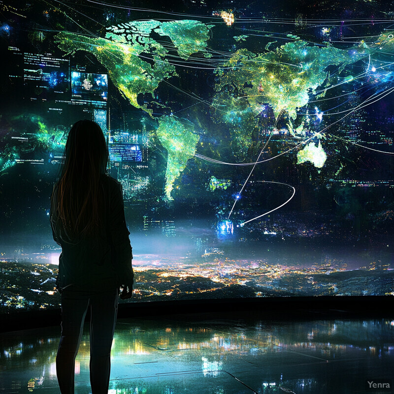 A woman stands in front of a large screen displaying a world map, surrounded by other screens showing graphs and charts.