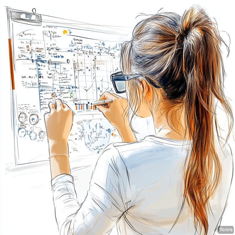 A woman stands in front of a whiteboard covered in charts and graphs, analyzing data with a marker pen.