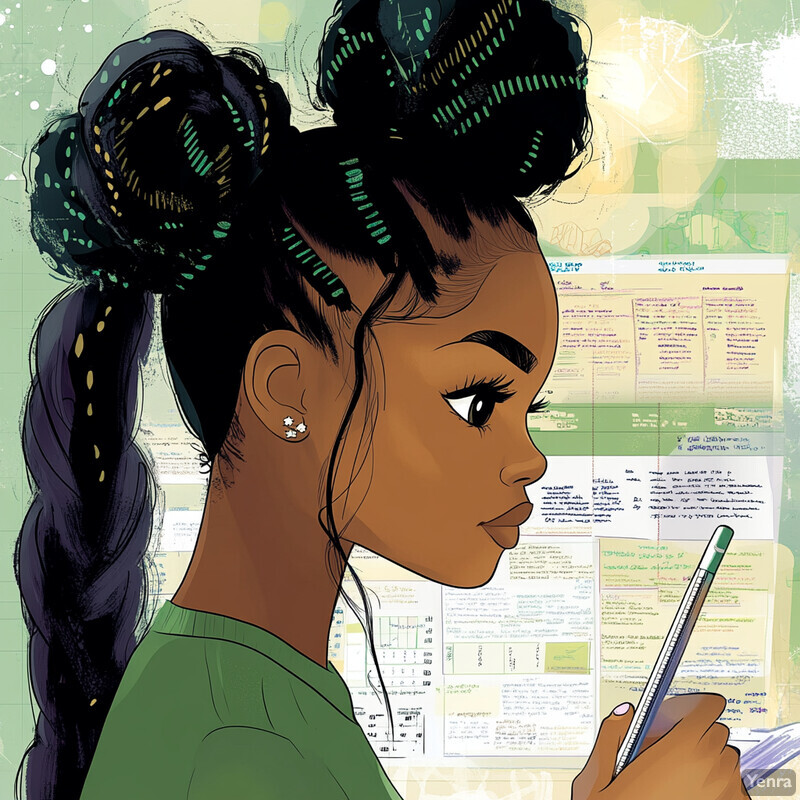 An African American female student is deeply engaged in studying, surrounded by charts and graphs on the wall.