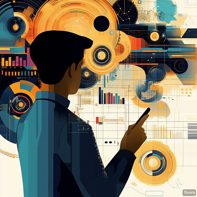 A man in an office setting examines his phone amidst a colorful and dynamic arrangement of shapes and patterns, likely engaged in data analysis for curriculum refinement.