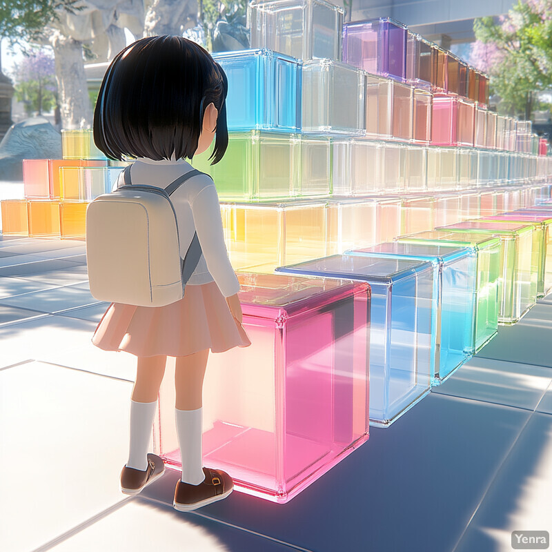 A young girl stands in front of an array of colorful blocks, examining them with curiosity.