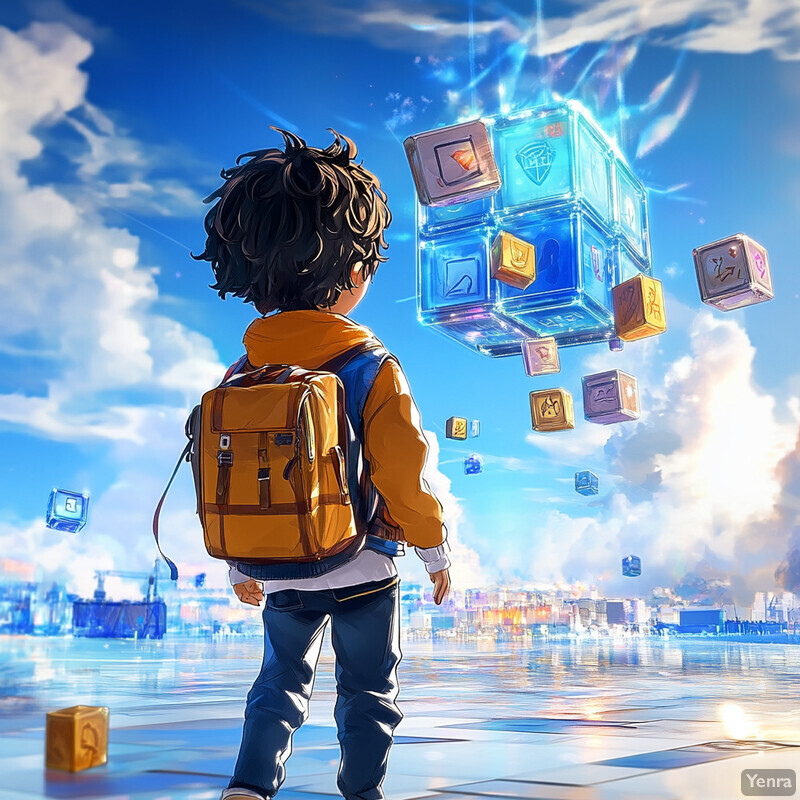 A young boy looks at floating cubes in the sky.