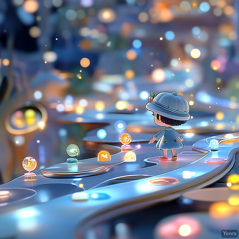 A small, cartoon-style girl stands on a winding path of light blue dots in a fantastical landscape.