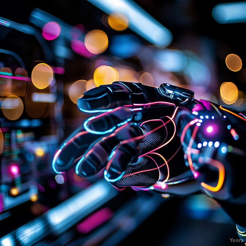 A futuristic scene with a focus on technology and human interaction, featuring a hand in a black glove with glowing accents.