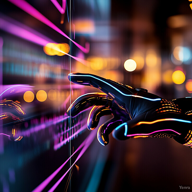 A futuristic robotic hand with glowing blue and pink lines is set against a blurred backdrop of neon lights.