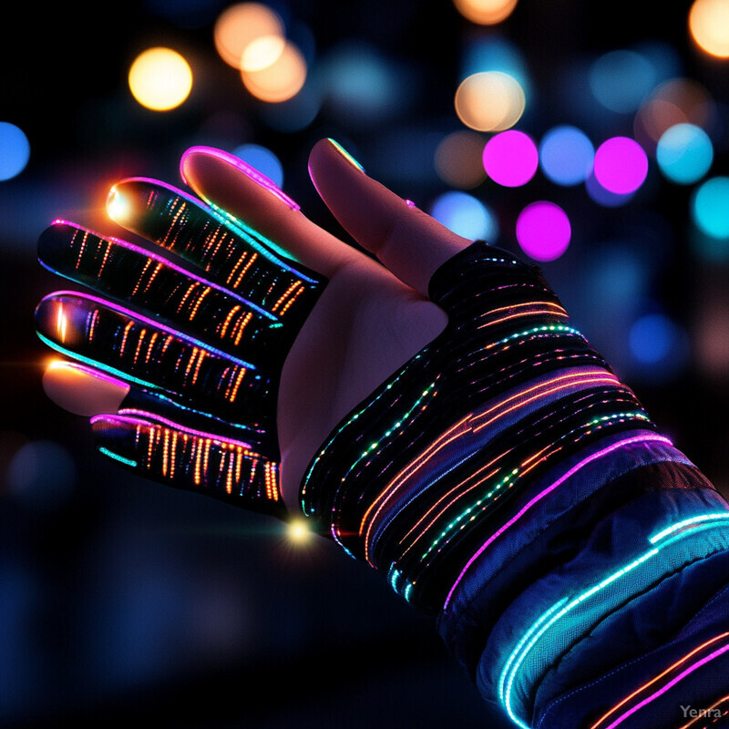 A hand wearing glowing gloves is held in front of the viewer, creating a striking visual effect.