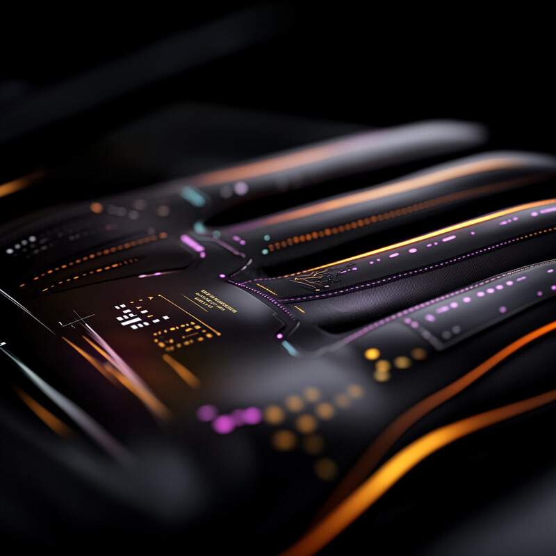 A futuristic and high-tech visual representation featuring abstract shapes, lines, and patterns on a black background with accents of orange and purple.