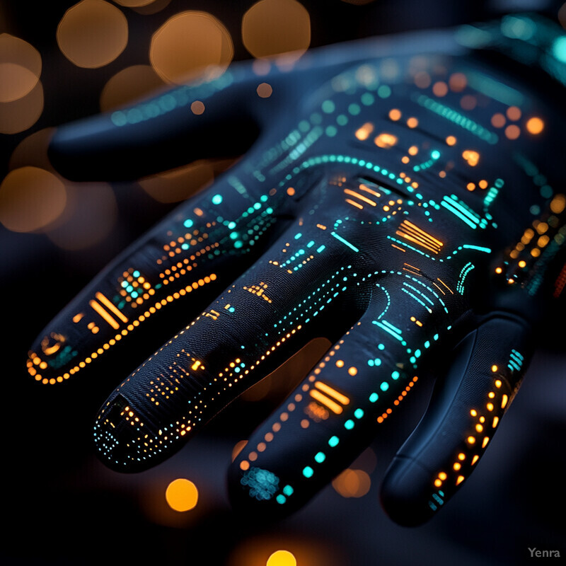 A hand with glowing circuitry patterns etched into its surface is the central focus of this image.