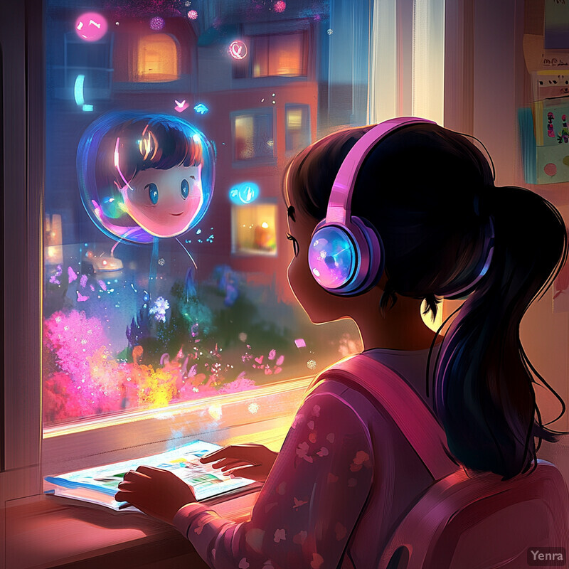 A young girl sits by a window, wearing headphones and holding a tablet, surrounded by colorful objects in a peaceful room.