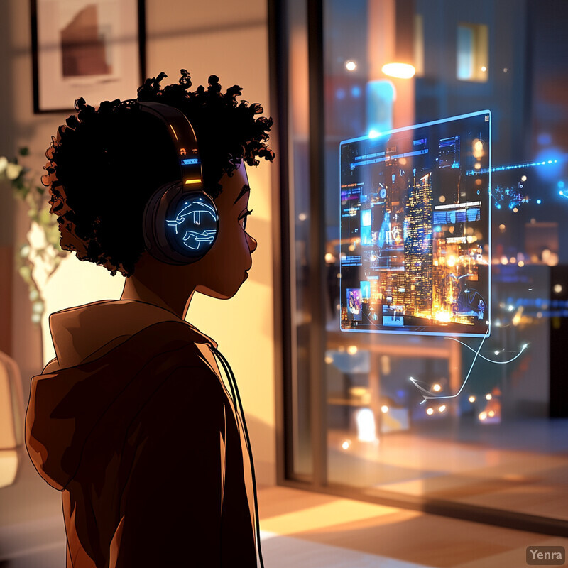 A young boy with dark skin and curly hair is wearing headphones and looking at an interactive screen in a room.