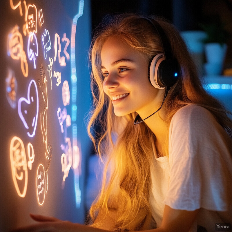 A young girl sits in front of a computer screen, wearing headphones and typing on the keyboard.