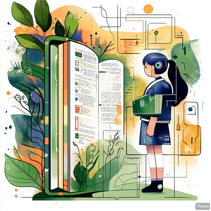 A girl stands in front of an open book surrounded by greenery and abstract shapes.