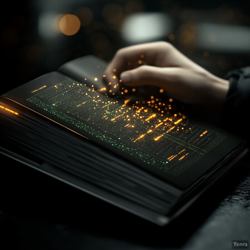 A person's hand hovers over an open book featuring glowing circuitry patterns.