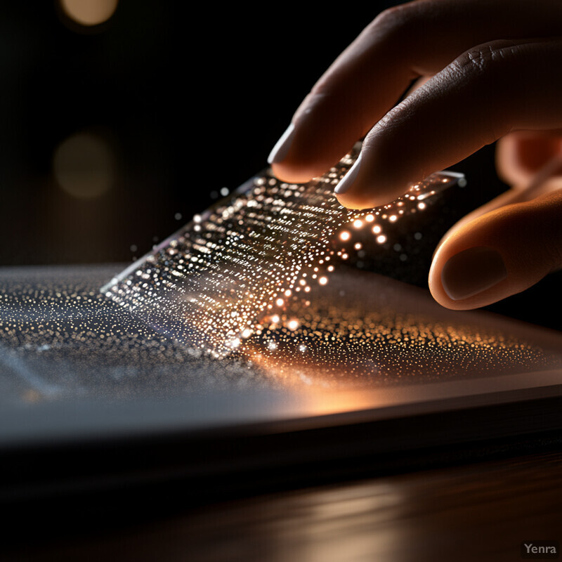 A hand delicately touches a glowing, gold-colored surface adorned with intricate patterns and lights in an elegant setting.