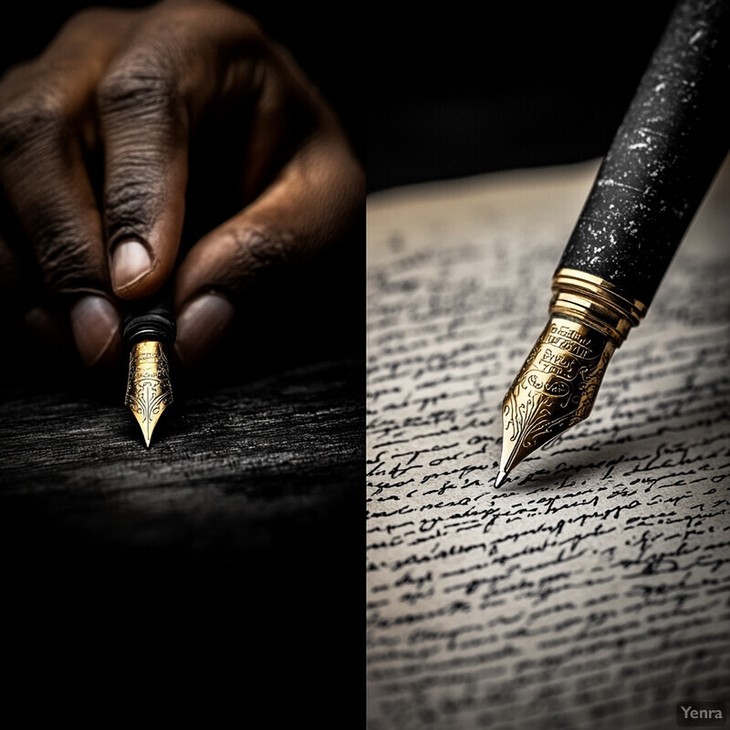 A close-up view of a hand grasping a fountain pen poised over a sheet of paper covered in illegible writing.