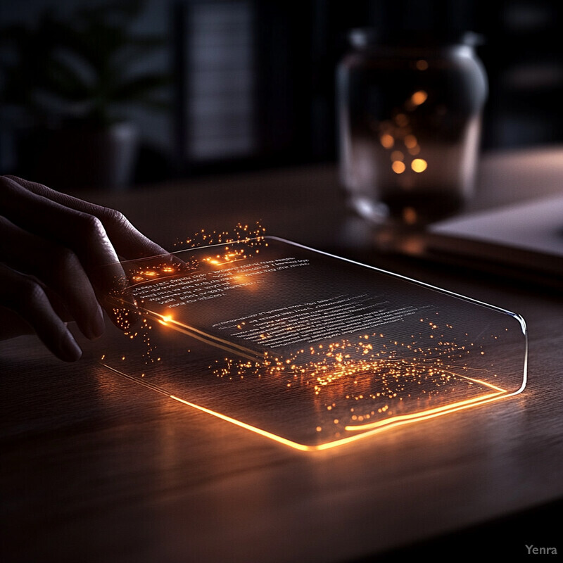 A person's hands interact with an illuminated glass rectangle on a wooden table.