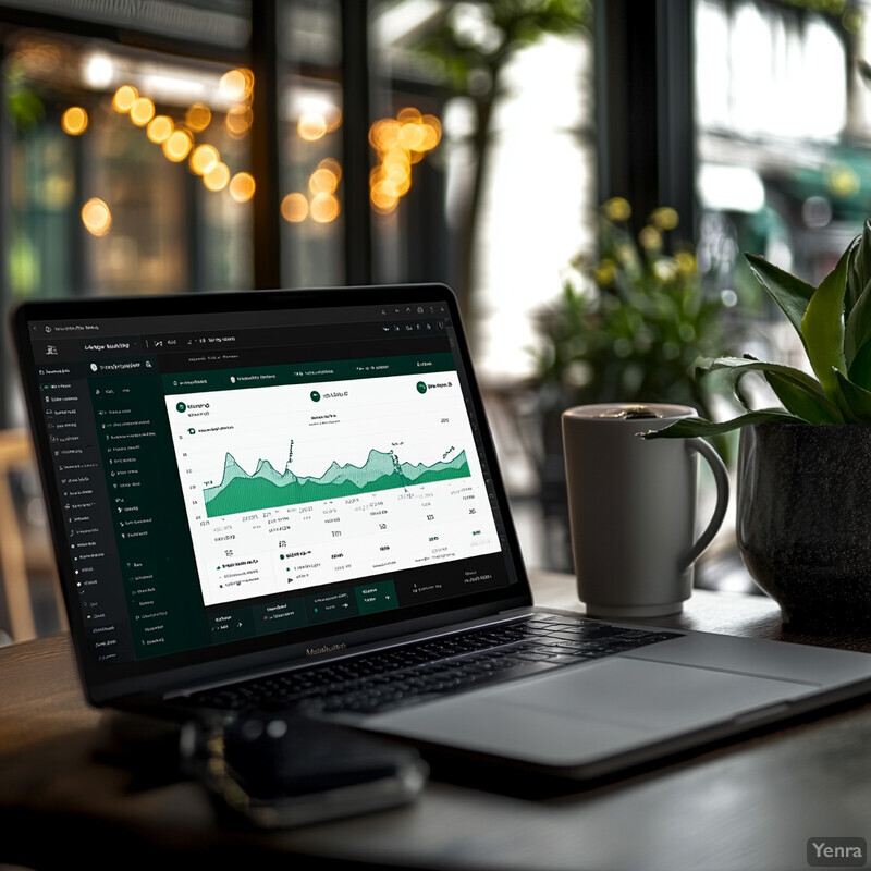 A laptop computer with a graph or chart on its screen sits on a table in front of a window, accompanied by a cup and plant.