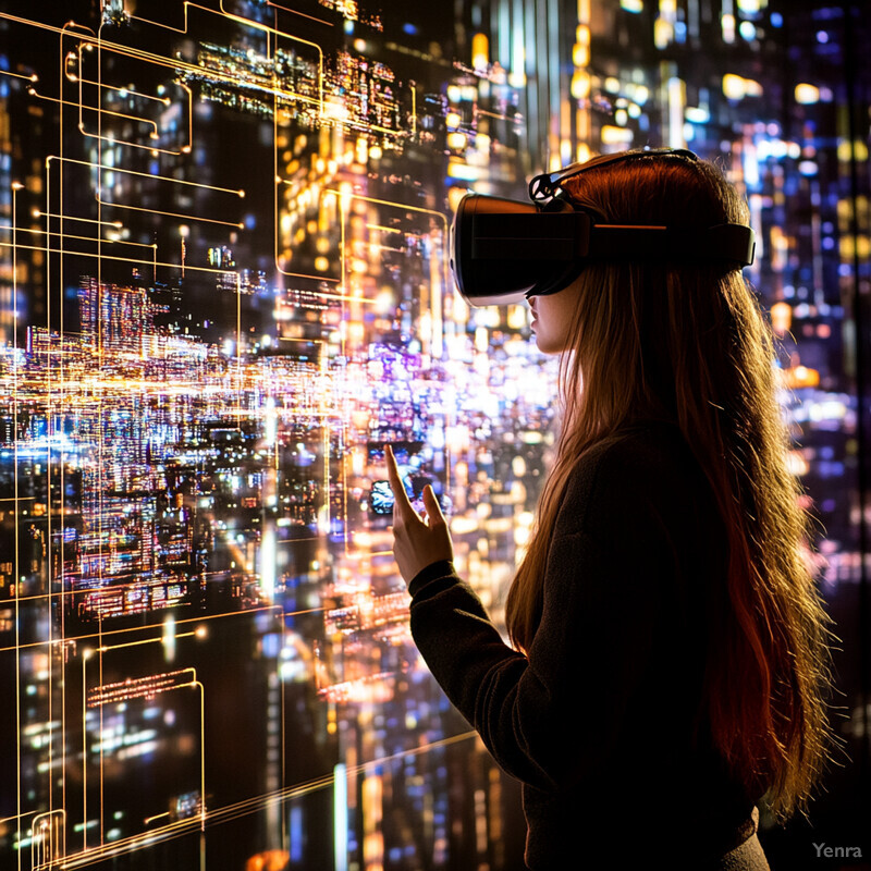 A woman wearing virtual reality goggles interacts with a futuristic cityscape on a screen.