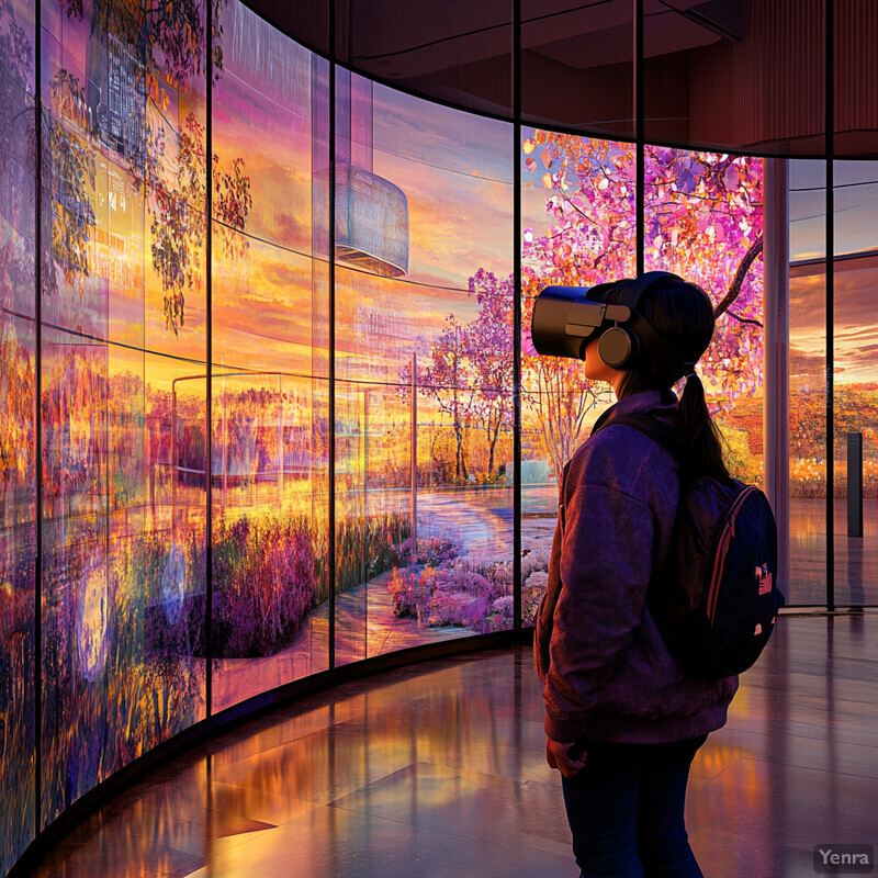 A woman wearing a VR headset stands in front of a large screen displaying a sunset scene.