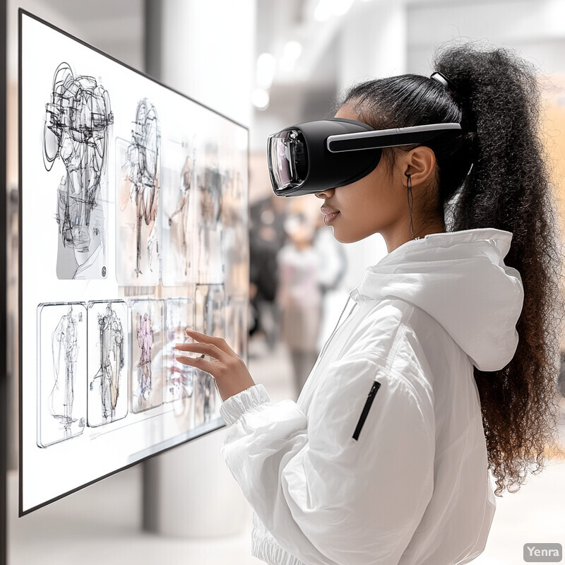 A woman wearing virtual reality goggles interacts with a large screen displaying sketches and designs in an office setting.