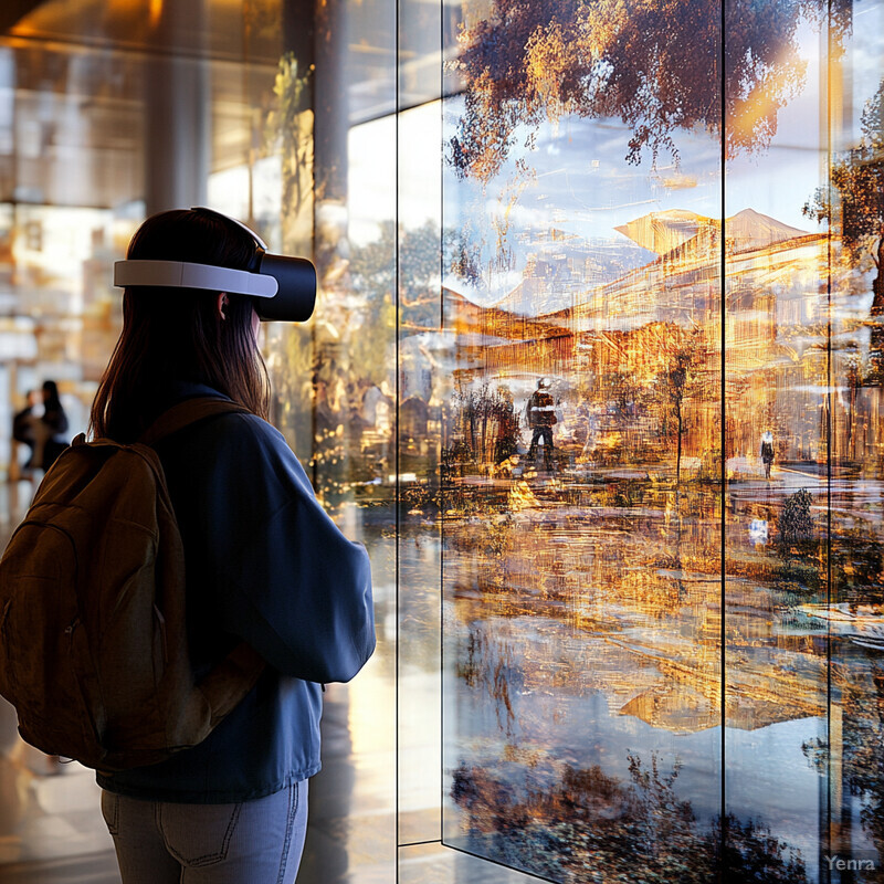 A woman wearing a VR headset stands in front of a large screen displaying an immersive landscape.