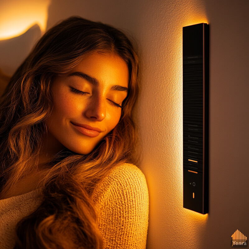 A woman lies on her side against a white wall, surrounded by dim lighting and a black lighting control system.