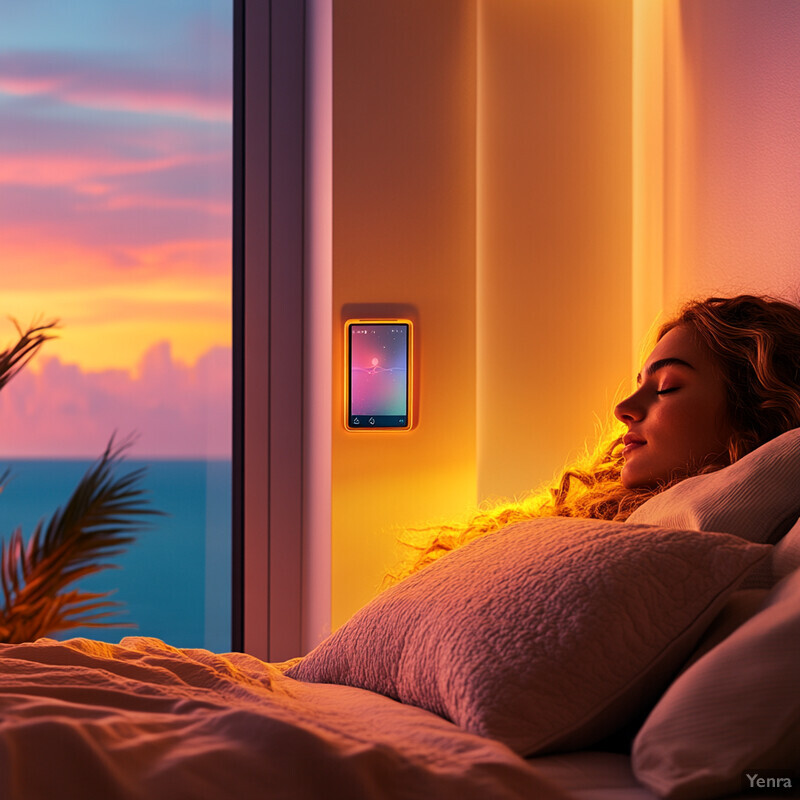 A woman sleeps peacefully in a cozy bedroom with an ocean view.