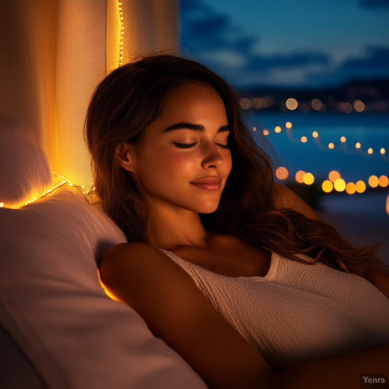 A woman sleeps peacefully on a couch in an indoor living room with string lights and a blurred view through the window.