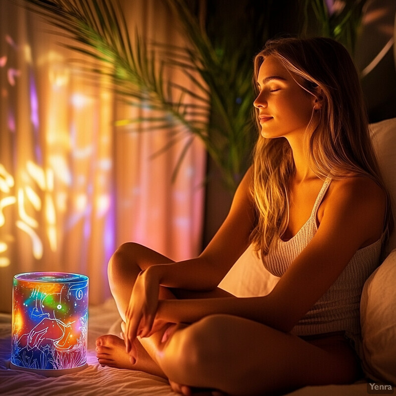 A woman sits on a bed with her eyes closed, surrounded by soft lighting and calming colors.