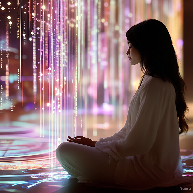 A woman meditating in front of an abstract art piece.