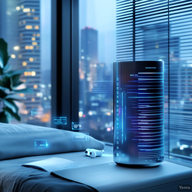 An air quality optimization device sits on a windowsill in front of a cityscape at dusk or dawn.