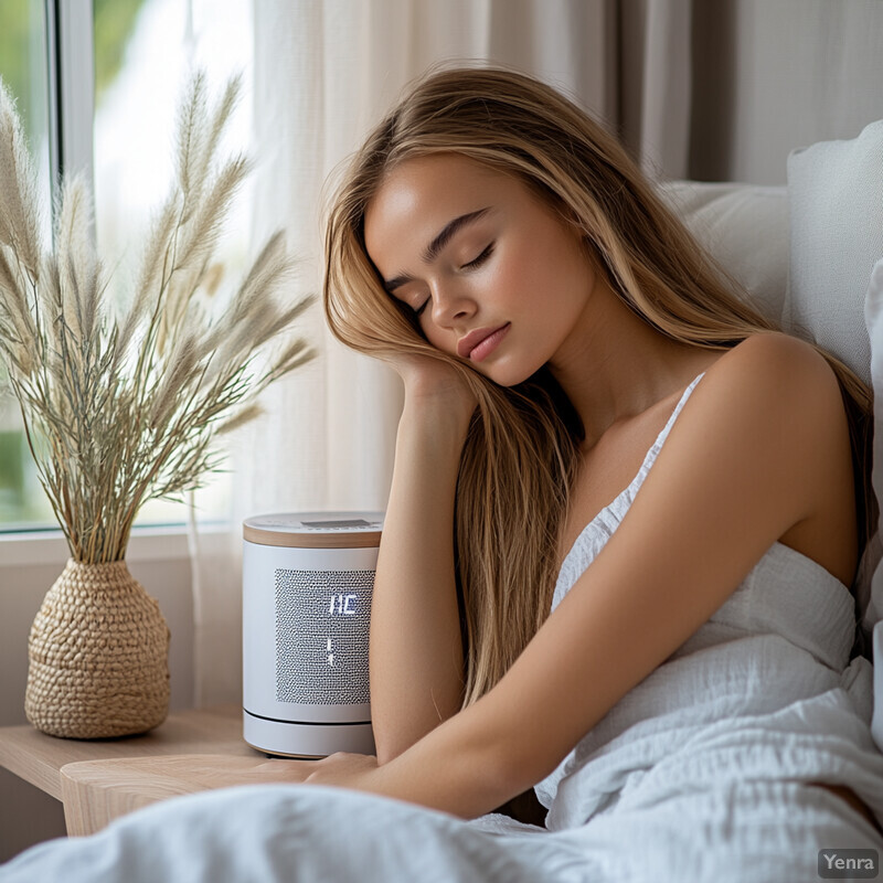 A young woman is sleeping in bed next to a nightstand with a small white device on it.