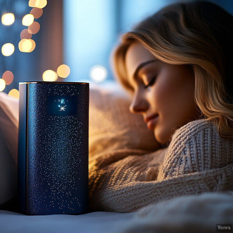 An air purifier in a bedroom setting, with a young woman lying on her back in bed to the right of it.