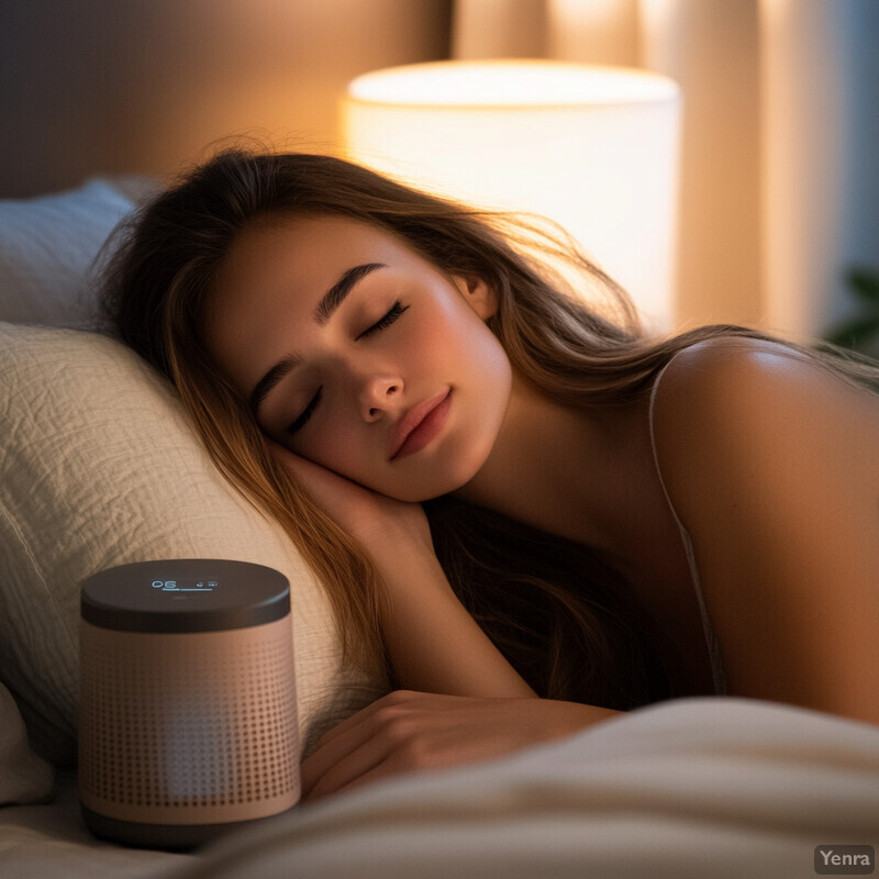 A woman sleeps peacefully in bed with a small device on her bedside table.