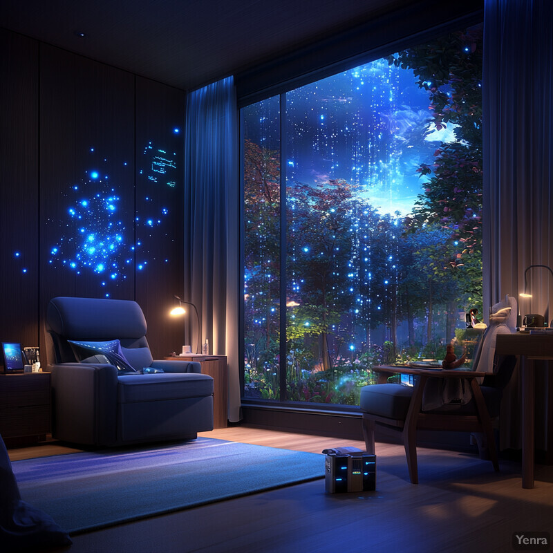 A serene and futuristic room designed for relaxation and rejuvenation.