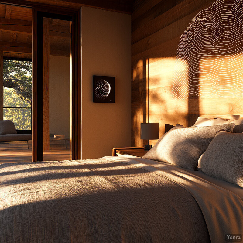 A cozy bedroom with a large bed, dresser, and nightstand.