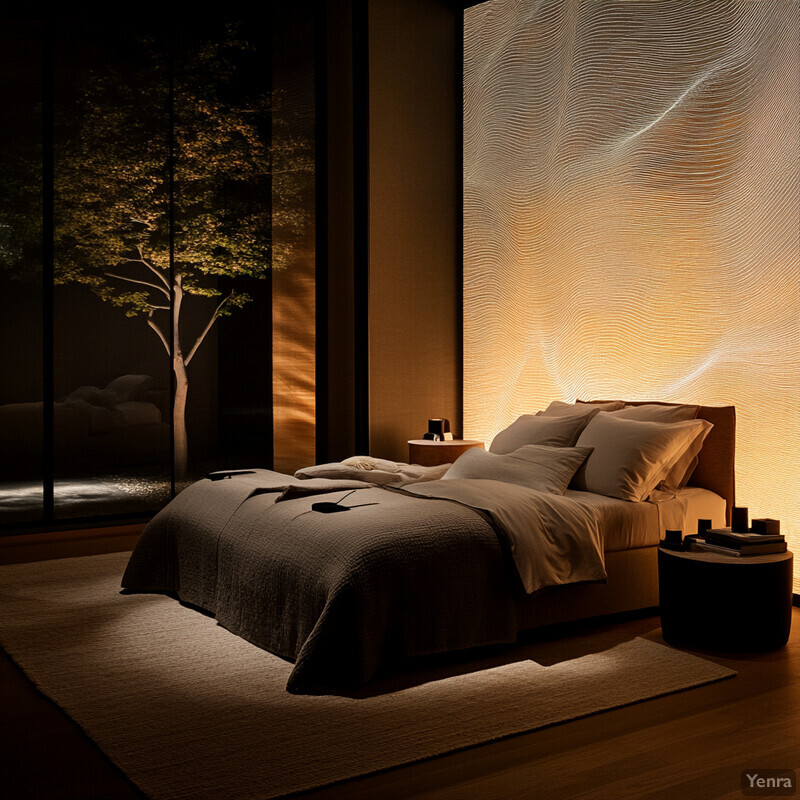 A serene and modern bedroom with natural light pouring in through the large window.