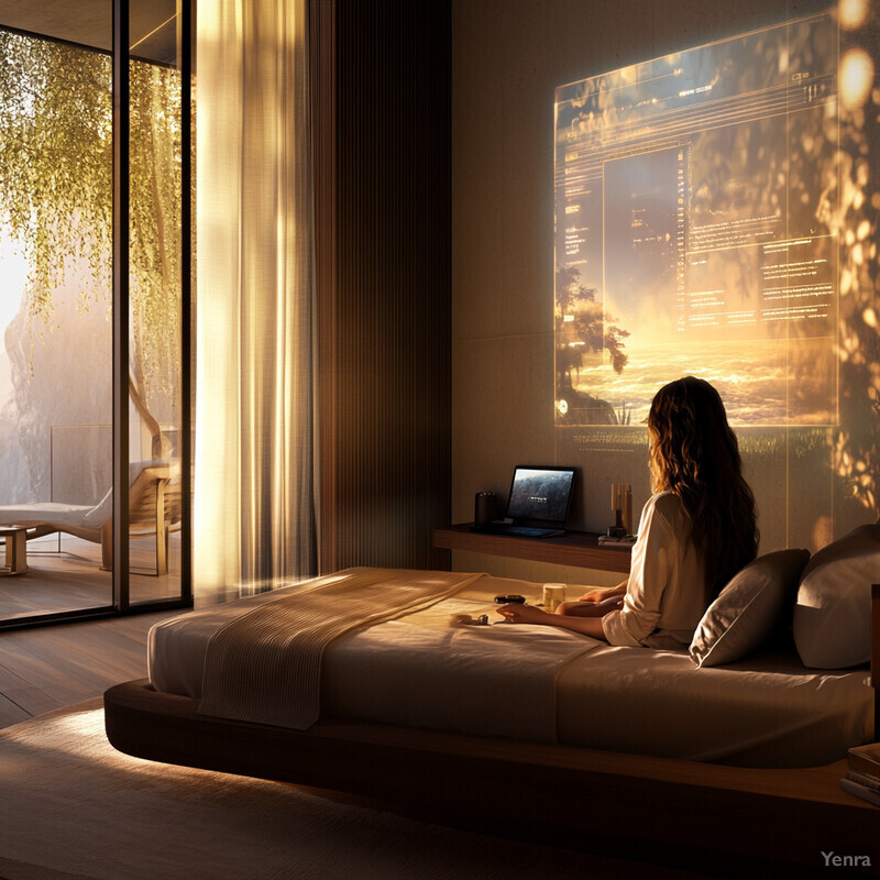 A woman sits on a bed in a peaceful bedroom, watching something projected onto the wall behind her.